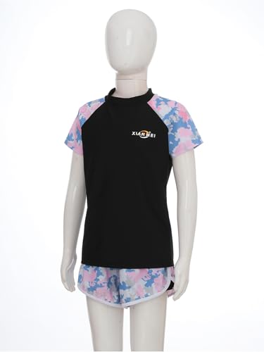 Kids Girls Short Sleeve Rash Guard Shirts with Swim Shorts Swimsuits UPF50+ Bathing Suit3