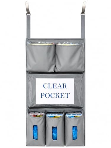 Image of It's Sew EZ Personal Protection Equipment PPE Isolation Door Caddy, 6 Pockets, NFPA-701 Fire Retardant Nylon Oxford, Two Stainless Steel Hooks Included, Silver