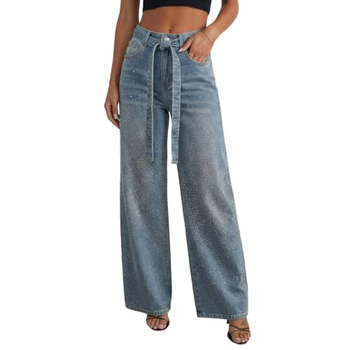 Jean baggy Y2K taille haute orné de strass avec ceinture pour affiner la silhouette