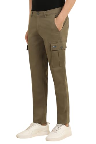 Image of Allen Solly Men's Solid Cargo Pants | Regular Fit | Multi-Pocket Design | Travel & Outdoor Wear
