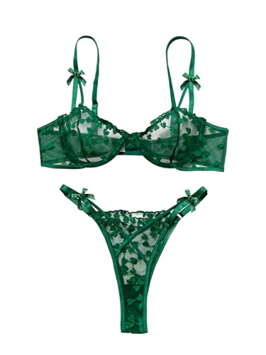 Image of Lilosy Sexy Underwire Cute Push Up Strappy Embroidered Mesh Sheer Lingerie Set See Through Panty Bra