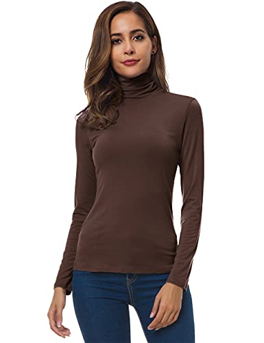 Women Long Sleeve Turtleneck Slim Fitted Based Layer Shirt Pullover Tops Coffee Medium