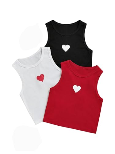 Milumia Girl's 3 Pack Heart Print Tank Top Round Neck Sleeveless Ribbed Knit Tops