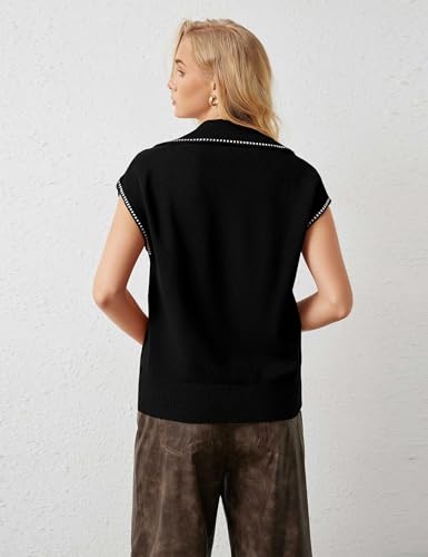 Image of MISSACTIVER Women Casual Button Down Lapel Collar Sweater Vest Sleeveless Knit Loose Fit Stripe Trim Pullover Tank Tops(Medium,Black)