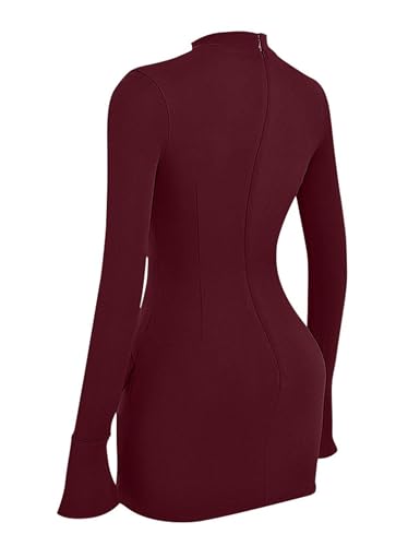 Image of YMDUCH Women's Long Sleeve Mock Neck Bodycon Mini Party Dress | Stretch,Flare Sleeve,Formal,Back Zipper,Elegant,Comfy,Casual,Fitted,Solid,Party,Date Night,Club,Birthday,Fall,Spring,Short