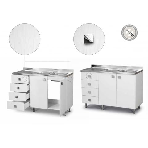 Mobile da Cucina con Lavello in Acciaio Inox 2 Vasche, 2 Ante e 4 Cassetti Bianchi Effetto Legno, Gocciolatoio, 120x50x88 cm (VASCHE A DESTRA)