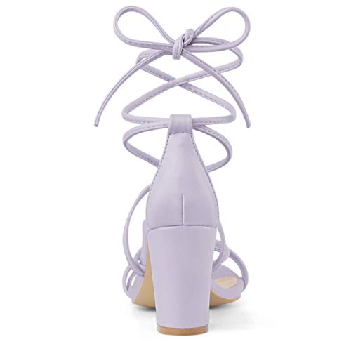 Allegra K Women's Strappy Lace Up Chunky Heeled Light Purple Heels Sandals 7.5 M US4