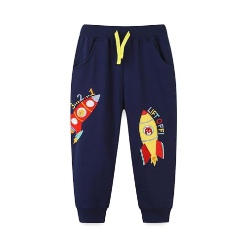 Meufam Toddler Boys Pants Drawstring Elastic Sweatpants Cotton Active Joggers for Kids Cartoon Rocket Print