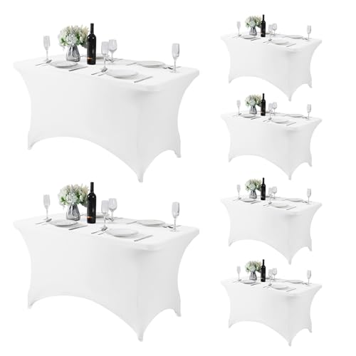 Fokitut 6 Pack Spandex Table Cover for 4FT Table Universal Fitted Stretch Tablecloth for Party, Banquet, Wedding and Events-White