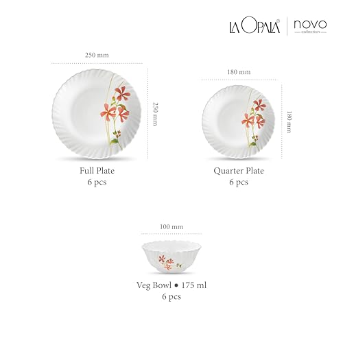 Image of La Opala Novo Collection Opal Glass Crockery | for Family of 6 | Dinner Set 18 pcs Coral Charm | Plates & Bowls for Dining | Microwave Safe | 100% Vegetarian | Extra Strong | Light & White