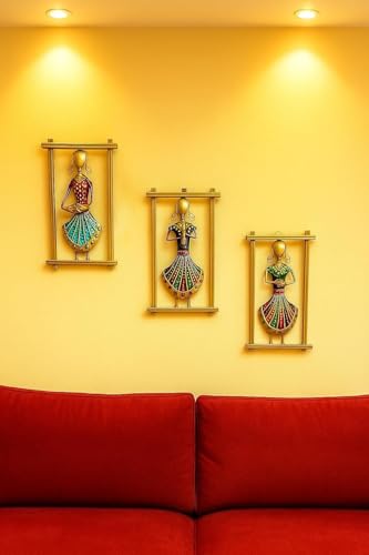 Image of RHEA STORE - Rajasthani Musician Metal Wall Art Set of 3 Frames - Handmade Wall Decor for Living Room Decoration (Medium Size)