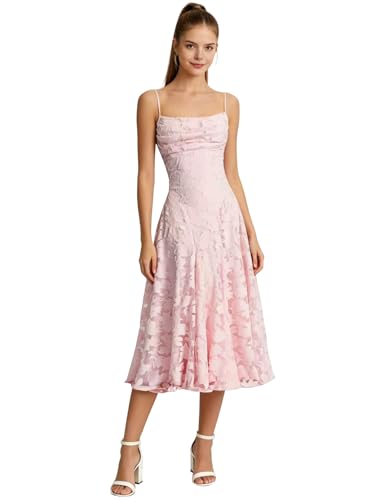 Neyuoct Blush Pink Floral Jacquard A-Line Midi Formal Dress Spaghetti Strap Junior Bridesmaid & Christmas Holiday New Year Party Dress for Teens Size 10