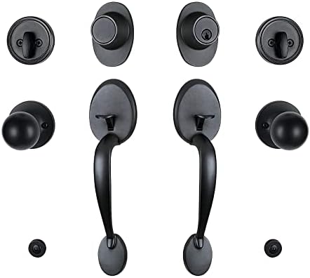Iron Black Front Double Door Handleset Front Entry Door Handle with Knob and Single Cylinder Deadbolt1998DB Handleset (Keyed and Dummy handleset(2PCS))