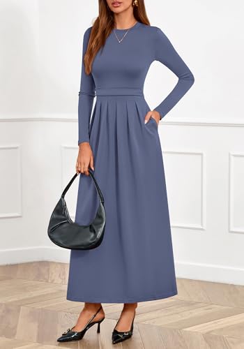 BTFBM Long Sleeve Dress for Women Spring Clothes 2026 Pockets Business Casual Pleated Fall Wedding Guest Dresses(Grey Blue, Large) — view 2