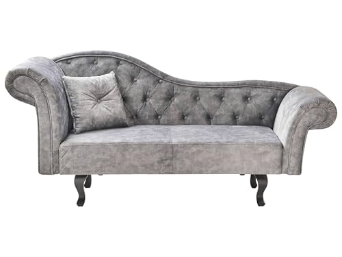 Beliani Chaiselongue Samt grau Links gesteppt mit Kissen Chesterfield-Stil Lattes II Beliani Chaiselongue Samt grau Links gesteppt mit Kissen Chesterfield-Stil Lattes II