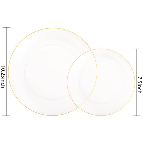 PULOTE 100PCS Clear and Gold Plastic Plates - Heavy Duty Clear Disposable Plastic Plates With Gold Trim for Wedding&Party Include 50 Dinner Plates, 50 Dessert Plates