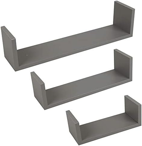 URBNLIVING Set Of 3 U Shaped Floating Wooden Wall Mounting Shelf Display Unit (Grey)
