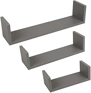 URBNLIVING Set Of 3 U Shaped Floating Wooden Wall Mounting Shelf Display Unit (Grey)