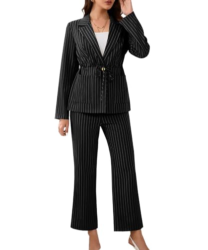 Wellwits Women's Long Pants Striped Lapel Blazer Professional Suit Set