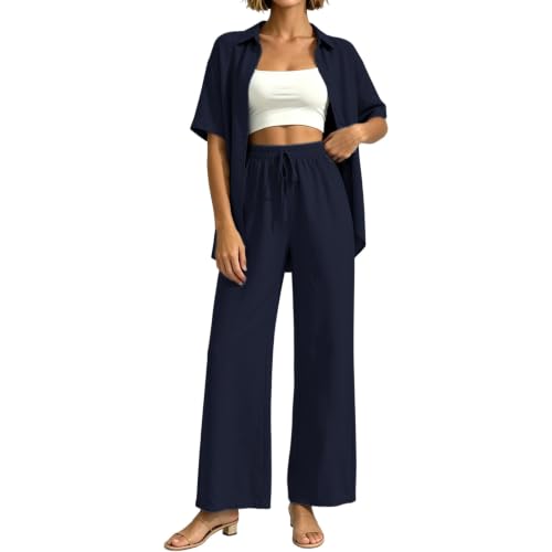 Conjunto de salón de dos piezas con blusa de botones y pantalón holgado para mujer