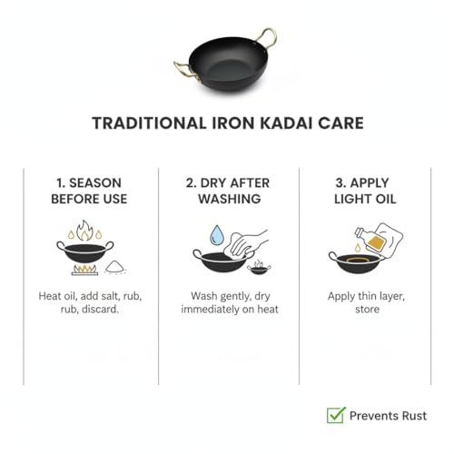 Image of Traditional Iron Deep Bottom Kadai with Handle, 8 Inch (19 cm), Ideal for Cooking on Induction and Gas Stoves