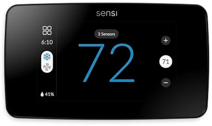 Emerson Sensi Touch 2 Smart Thermostat in white finish with a full color touchscreen mounted on a clean white wall in a US Apple-Home household, the touchscreen showing the local weather forecast alongside the active schedule, a quiet industrial design that disappears against the wall — CNET's most user-friendly smart thermostat for 2026 and the Apple Home community's privacy-first recommendation.