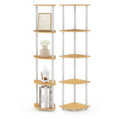 Image of Furinno Turn-N-Tube Corner Shelf Set of 2, 5-Tier Corner Bookshelf, Open Storage Shelves, for Organization and Storage, Living Room, Home Office, Garage, Beech