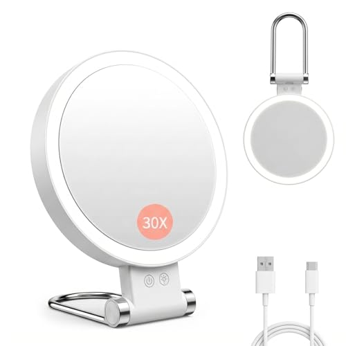 Makeup Mirror with Lights Magnifying Mirror 1X/30X with Adjustable 3 Color Light Double Side Control 2000mAh Rechargeable Lighted Makeup Mirror with Magnification Smart Memory Gift for Women