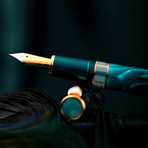 Hongdian N7 Blue Peacock Resin Piston Fountain Pen, Iridium Fine Nib Classic Pen, Smooth Writing Pen with Metal Box - Image 4