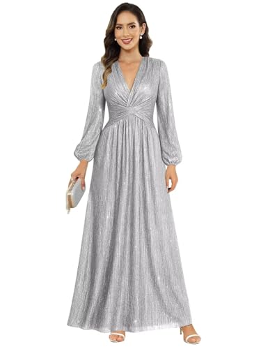 Image of Women's Formal Wedding Guest V Neck Glitter Sequins Mother of The Bride Dresses Long Sleeve