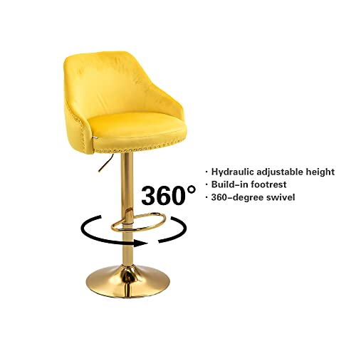 Qqu Modern Bar Stools 360°Swivel Velvet Adjustable Counter Bar Stool With Arm, Back And Footrest Modern Upholstered, Barstools For Kitchen Island, Cafe, Pub, Bar Counter(Yellow) #TOP3