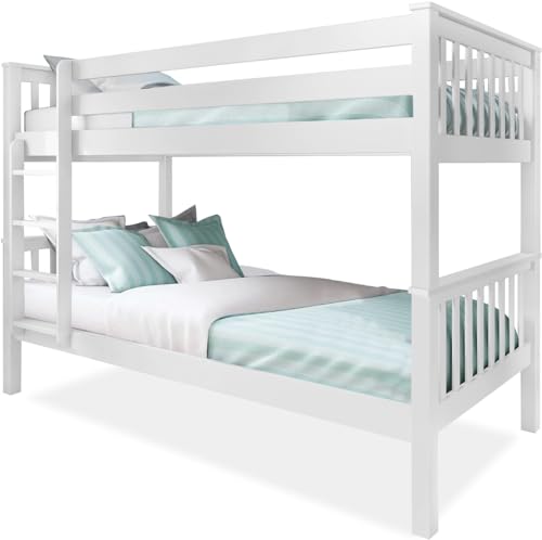 Double Bunk Beds For Kids, 3ft White Wooden Bunk Bed With Ladder Twin Sleeper Kids Bed Solid Pine Wood Frame Children Single Double Bed frame for Kids Children Home (White L198 cm x W98 cm x H145)