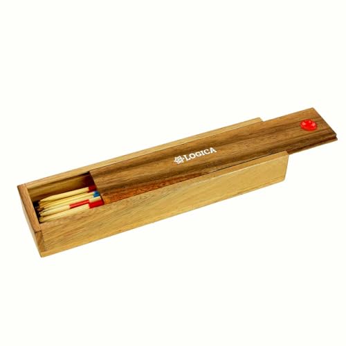 Logica Spiele Art. Mikado - Box aus Teak/Samena Holz - Wiederverschließbare Schachtel - Stäbe aus Bambus