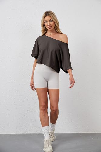 Off The Shoulder Tops Oversized Short Sleeve Crop Tee Shirt Casual Loose Workout T-Shirt 2025 Summer Fashion Clothes4