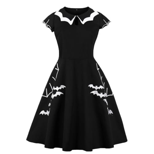 Wellwits Women's Bat Spider Web Embroidery Halloween Vintage Dress Black 5XL Plus