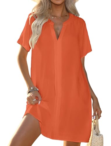 Halife Swimsuit Beach Cover Up Women Plus Size Short Sleeve V-Neck Bikini Bathing Suit Coverups Orange XXL