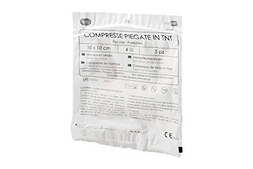 DEALFA Compresse TNT Piegate Sterili - 10x10 cm - 4 Strati - Morbide, altamente Assorbenti e Resistenti - Monouso - Busta Singola da 5 Pezzi. Confezione da 25 Buste