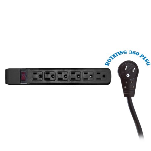 4 Feet Surge Protector, Flat Rotating Plug, 6 Outlet, Black Horizontal Outlets, Plastic, 4 Ft Power Cord, Surge Protector Multi Plug, Cablewholesale #TOP1