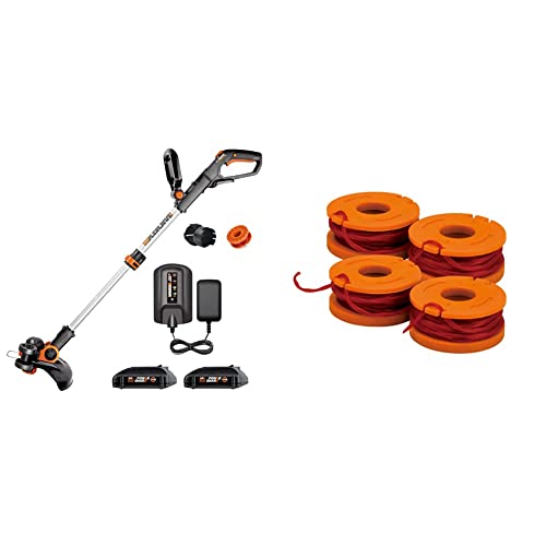 Worx WG163 GT 3.0 20V PowerShare 12' Cordless String Trimmer & Edger (Battery & Charger Included) and WA0047 4-Pack String Trimmer Replacement Line, Orange
