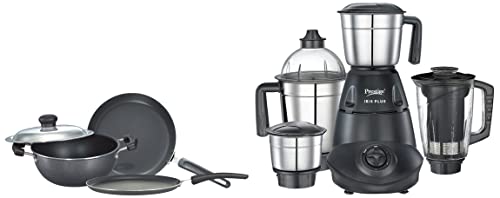 Prestige IRIS Plus 750 watt mixer grinder & Omega Select Plus Residue Free Non-Stick Kitchen Set, 3-Pieces, black/Silver, Aluminium