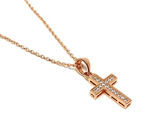 Delicado Chapado en Oro Rosa Pequeño Cruz con Circonita Cúbica en 41cm Cadena