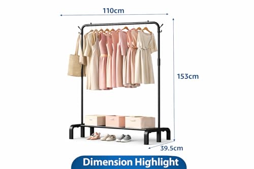 Image of Raawan Heavy Duty Double Rod Clothes Rack with Side Storage Shelves | Metal Garment Stand Organizer | Space Saving Cloth Hanger Stand for Bedroom, Living Room & PG (1 LAYER BLACK)