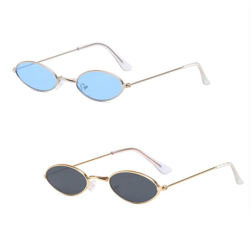 ZEACCT 2 pares de óculos de sol ovais retro, óculos de sol hippie, óculos de pequena armação metálica, óculos ovais com armação de metal, óculos unissexo, óculos ovais para mulher, Cinza, azul