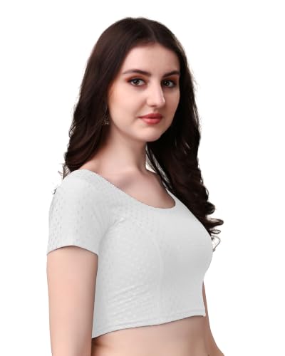 Image of Mogsa Women's Stretchable Dobby Cotton Lycra Saree Blouse | Readymade Stitched Blouse | Round Neck | Short Sleeve | Soft & Comfortable Ethnic Blouse for Saree Wear