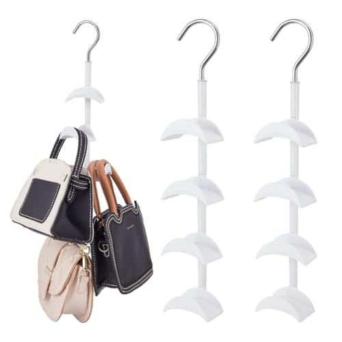 arricraft 2 Pcs Purse Hanger for Closet, 360° Rotation Widened Arc Swivel Bag Organizer with 4 Hooks Closet Storage Space Saver for Hanging Scarf Handbag Belt Tie Hat Storage Supplies (White)