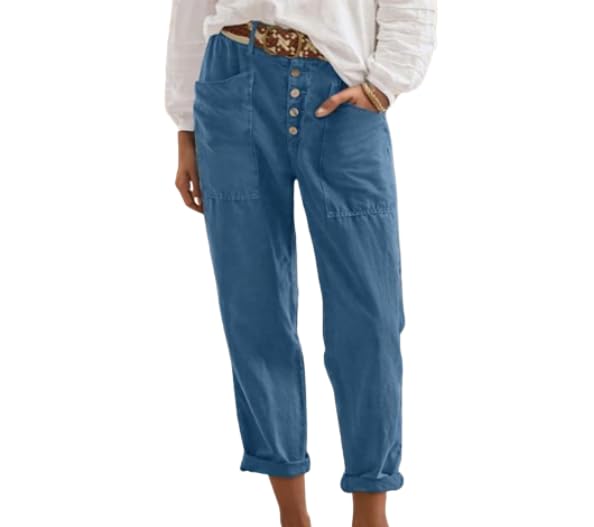 TIAFORD Women Cotton Linen Pant High Waist Button Up Wide Leg Long Pant Summer Loose Beach Lounge Capri Trousers with Pocket