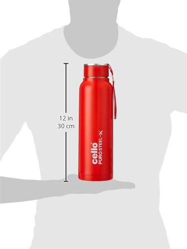 Image of CELLO Puro Steel-X Benz 1200 Insulated Water Bottle for Office 970 ml, Red | Easy to Carrying Loop, Wide Mouth Leak Proof & Rust Resistant Inner Steel Insulated Water Bottles for School Kids & Travel