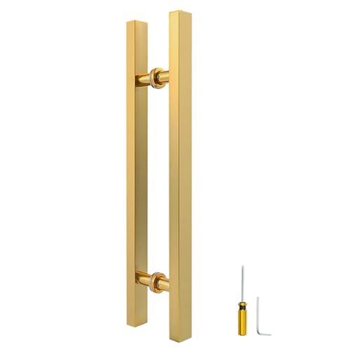 Image of 24 inch Titanium Gold Square Barn Door Pull Handle Double Sided | Heavy Duty 304 Stainless Steel, 15-3 /4 inch Hole Spacing, Fits 3 /4 inch-2 inch Thick Barn, Front Entry, Sliding & Exterior Doors