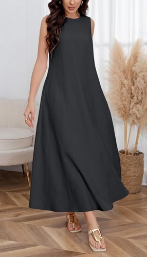 Image of CHARTOU Women Casual Cotton Linen Sleeveless Maxi Dress Ruffle Shift Dress Flowy Beach Summer Long Tank Dress