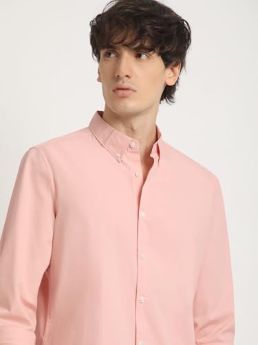 Image of The Bear House Men's Pink Solid Slim Fit Cotton Casual Shirt